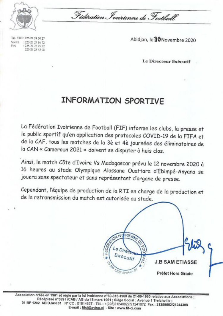 Football-Éliminatoires Can 2022 : les Éléphants sans leur public, jeudi